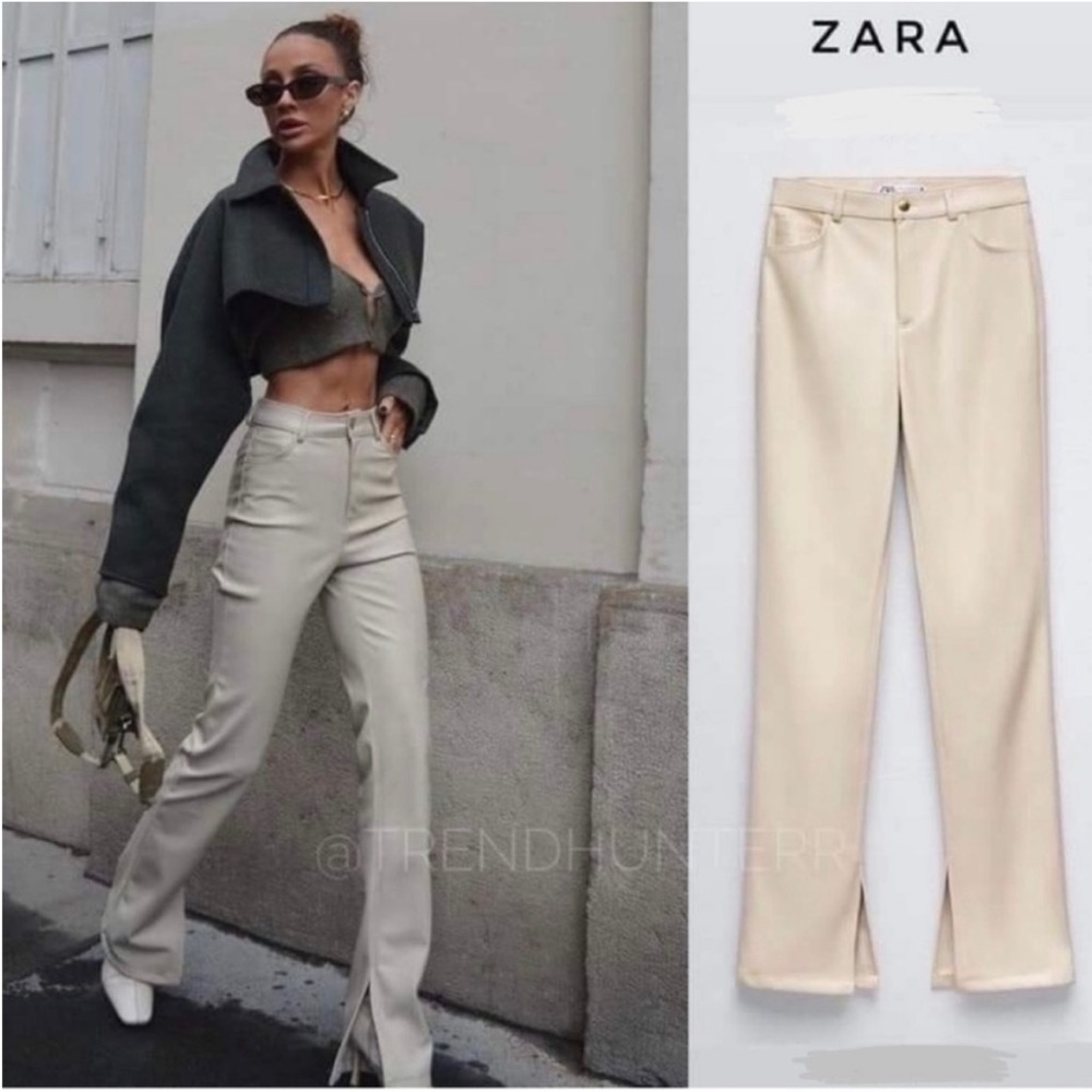 Zara Blogger Fav Faux Leather Slim Flare Trousers Pants with Slits Cream